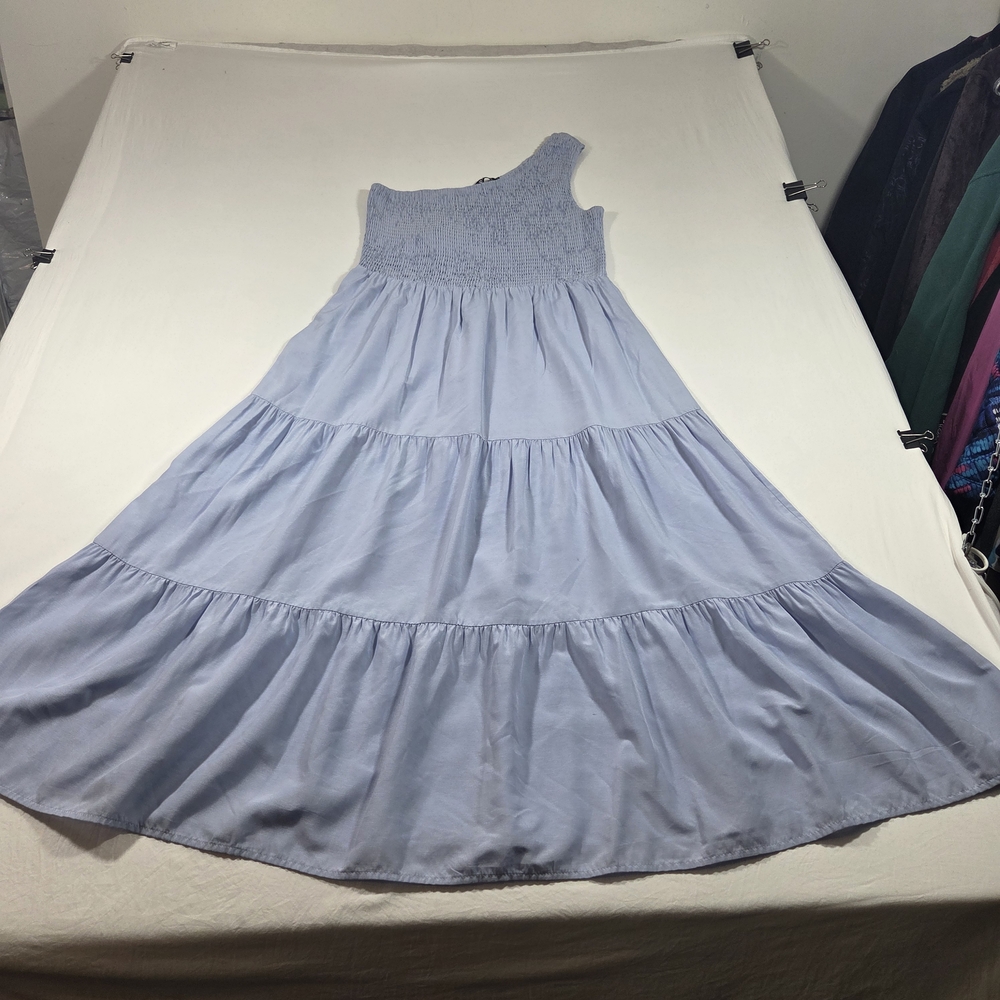 One Shoulder Smocked One-Shoulder Tiered Midi Dress Light Blue Feminine Summer - Picture 12 of 13